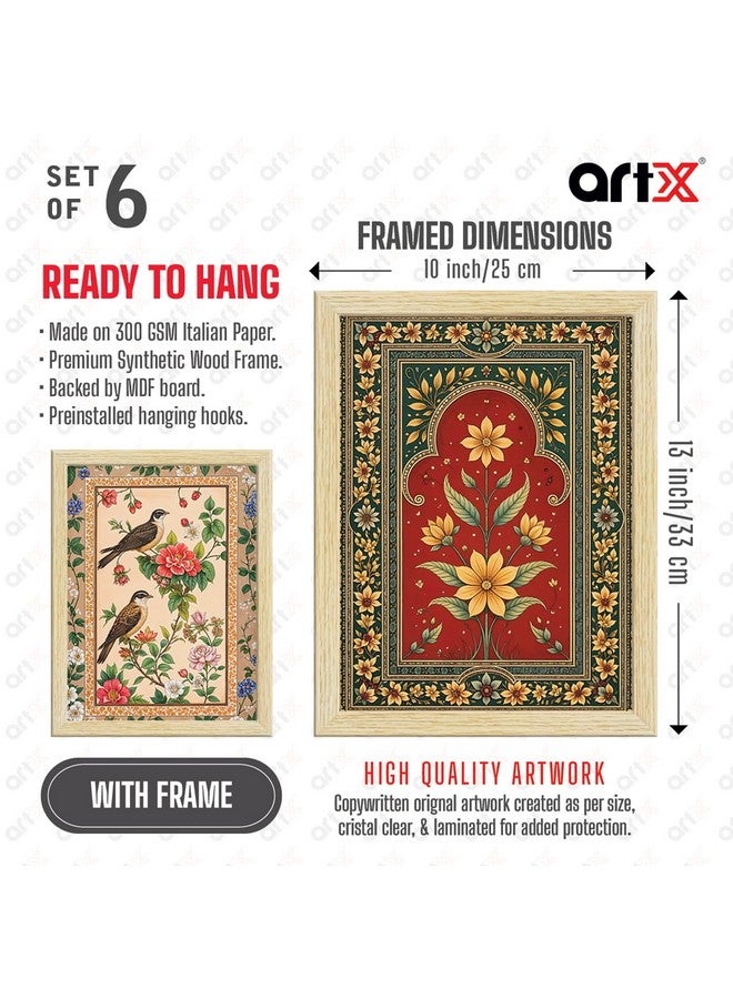 ArtX لوحات مدهوباني الهندية من ArtX مع إطار لغرفة المعيشة، غرفة النوم، المكتب، لوحات لتزيين الجدران، 10x13 بوصة، مجموعة من 6 - Image 3