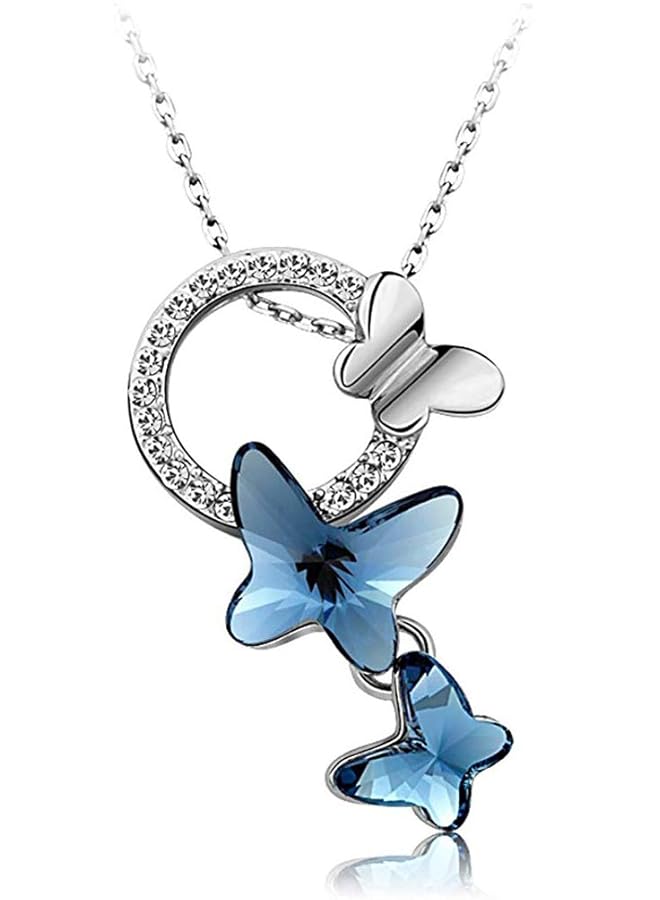 Stylish Platinum Silver Plated Crystal Butterfly Chain Pendant Necklace For Women Blue 10925Np