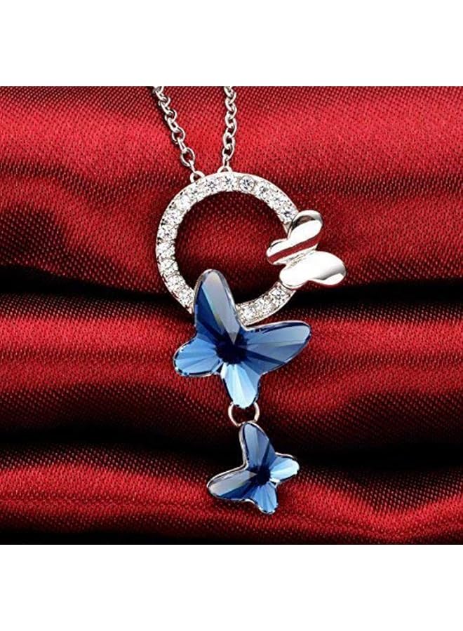 Stylish Platinum Silver Plated Crystal Butterfly Chain Pendant Necklace For Women Blue 10925Np