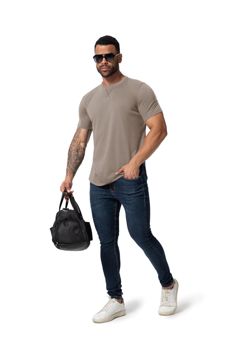 TEZO Mens 3 Pack Plain Cotton Shirts Short Sleeve Casual Crew Neck T-Shirts Hipster Hip Hop Longline Tees Shirts Drop Cut Curved Hem Shirt (BKDGKA L) - Image 4