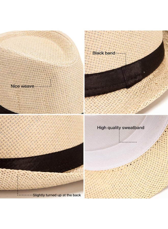2-Pack Classic Trilby Fedora Hat, Woven Straw, Beige & Coffee, with Black Band - Image 3