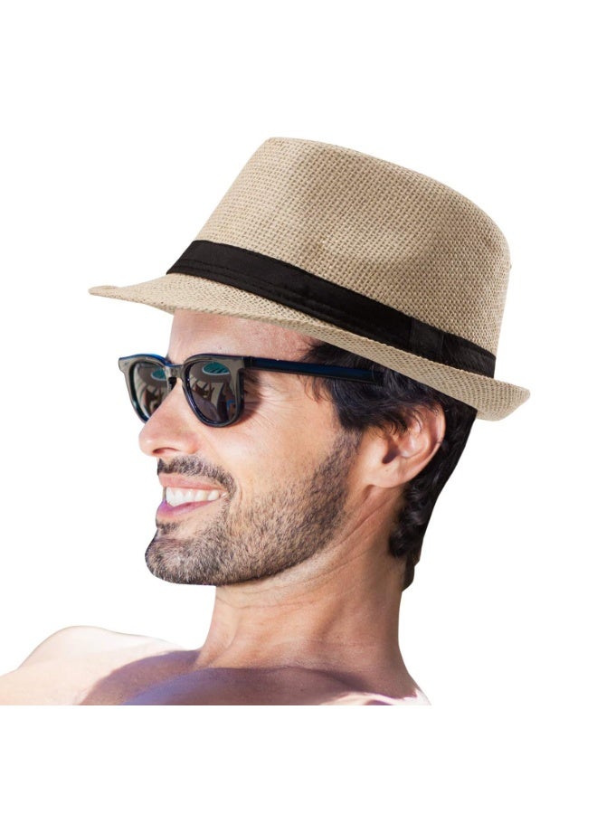 2-Pack Classic Trilby Fedora Hat, Woven Straw, Beige & Coffee, with Black Band - Image 2