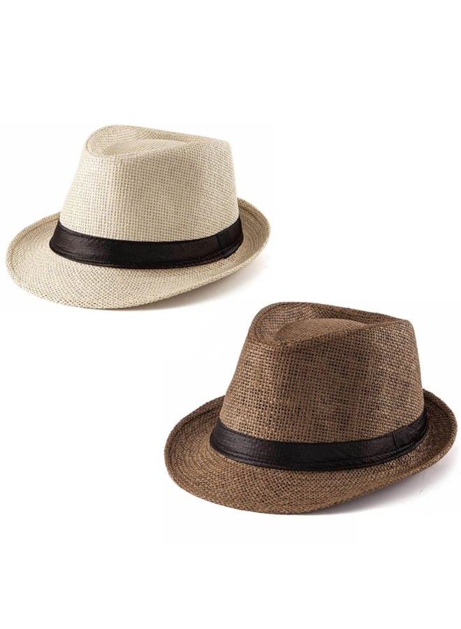 2-Pack Classic Trilby Fedora Hat, Woven Straw, Beige & Coffee, with Black Band - Image 1