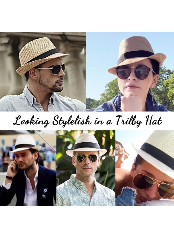 2-Pack Classic Trilby Fedora Hat, Woven Straw, Beige & Coffee, with Black Band - Image 4