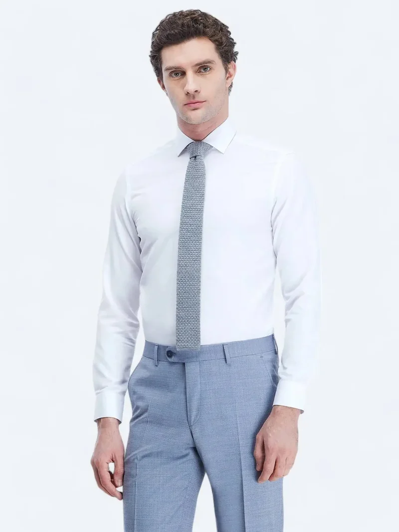 Kip White Plain Regular Fit Weaving Classical Cotton Blended Shirt