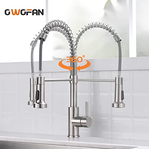 OWOFAN Kitchen Faucet Low Lead Commercial Solid Brass Single Handle Single Lever Pull Out Pull Down Sprayer Spring Kitchen Sink Faucet, Brushed Nickel Kitchen Faucets 866053SN - Image 5