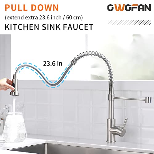 OWOFAN Kitchen Faucet Low Lead Commercial Solid Brass Single Handle Single Lever Pull Out Pull Down Sprayer Spring Kitchen Sink Faucet, Brushed Nickel Kitchen Faucets 866053SN - Image 2