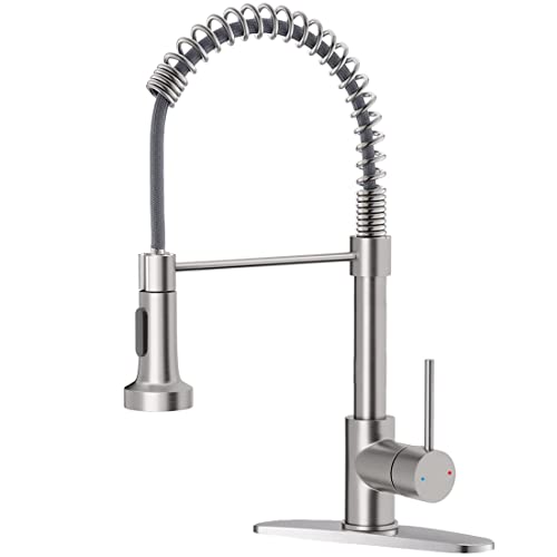 OWOFAN Kitchen Faucet Low Lead Commercial Solid Brass Single Handle Single Lever Pull Out Pull Down Sprayer Spring Kitchen Sink Faucet, Brushed Nickel Kitchen Faucets 866053SN - Image 1