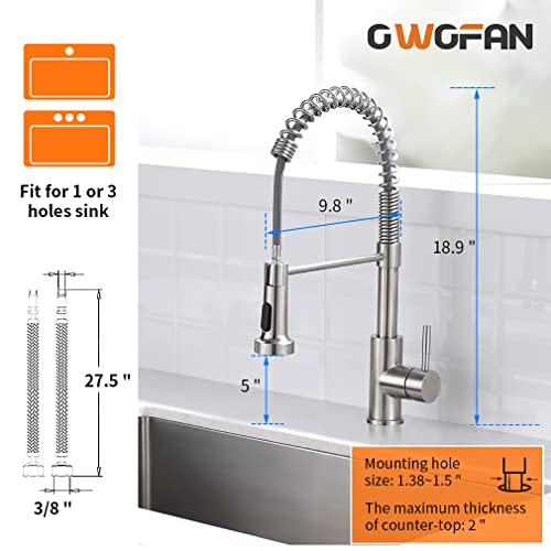 OWOFAN Kitchen Faucet Low Lead Commercial Solid Brass Single Handle Single Lever Pull Out Pull Down Sprayer Spring Kitchen Sink Faucet, Brushed Nickel Kitchen Faucets 866053SN - Image 3