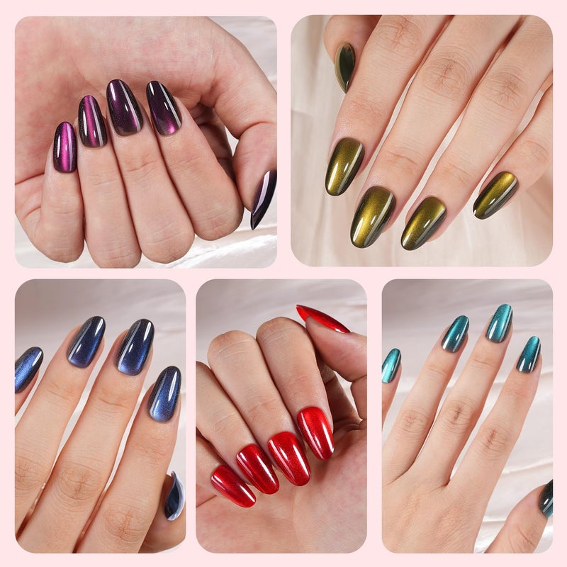 Plauva Cat Eye Press on Nails, 300Pcs Short Oval Cat Eye Nail Tips, Glossy Glitter Soft Gel Fake Nails for Women and Girls Stick On Nails in 15 Sizes - Image 5
