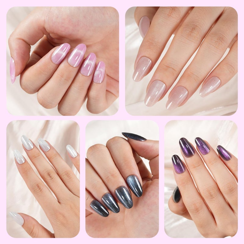 Plauva Cat Eye Press on Nails, 300Pcs Short Oval Cat Eye Nail Tips, Glossy Glitter Soft Gel Fake Nails for Women and Girls Stick On Nails in 15 Sizes - Image 4