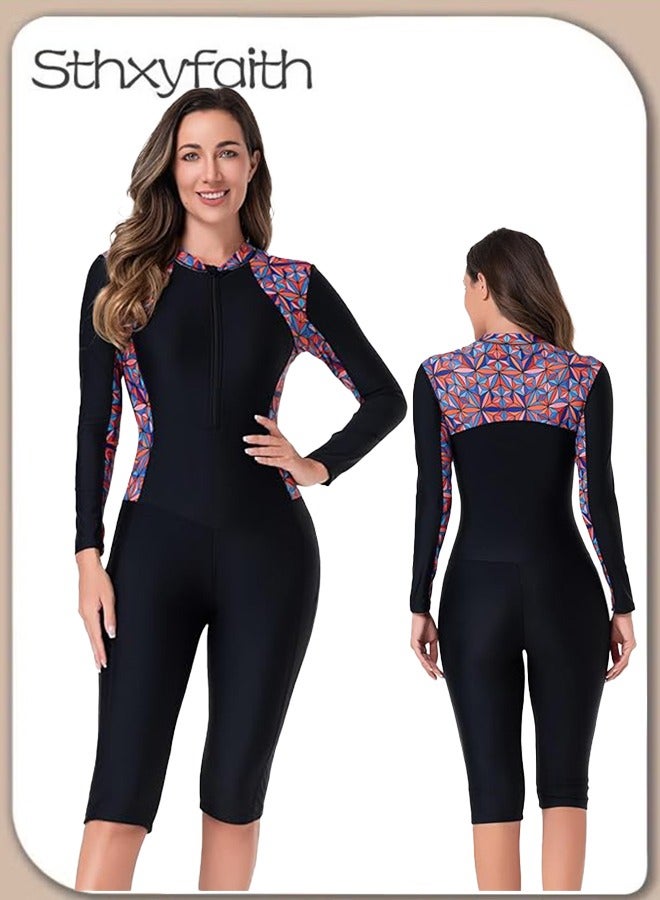 Sthxyfaith Womens One Piece Long Sleeve Rash Guard Knee High Bathing Suits Swimsuit Sport Surfing Wear Athletic Swimwear - Image 1