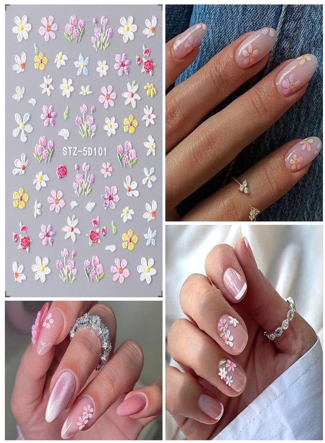 VOTACOS Flower Nail Stickers 7 Sheets 5D Nail Decals Spring Summer Nail Design Self Adhesive 3D Nail Supplies White Yellowe Daisy Flower Nail Decoration for Women Design - Image 4
