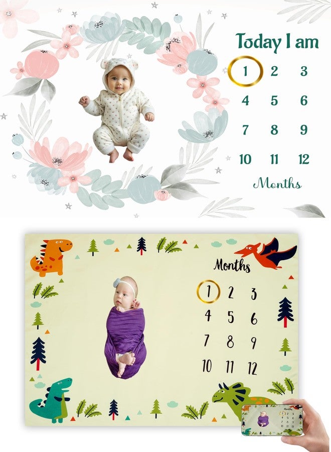Hoolloomooloo Combo of 2 Baby Milestone Blankets - Soft Floral & Dino Themes for Monthly Growth Photoshoots - Newborn Memory Keepsake Gift for Boys & Girls - Image 1