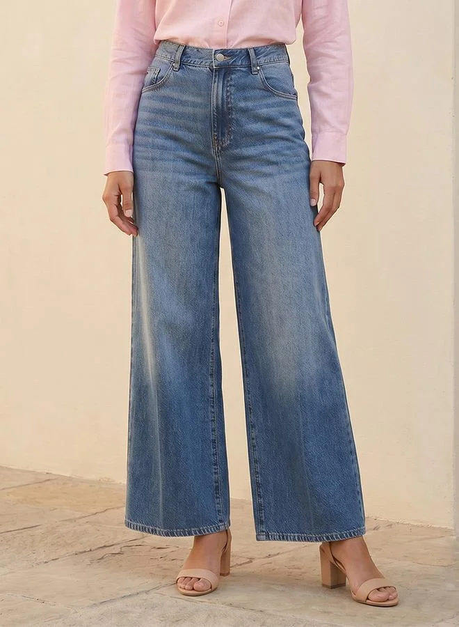 Denim Straight Fit High Waist Jeans with Pockets
