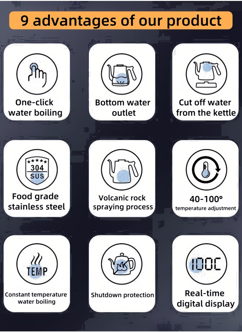 nihao - غلاية متعددة الوظائف برقبة بطة V60 ، غلاية قهوة ، تعبئة تلقائية للماء ، نظام ضاغط قاع أوتوماتيكي للغليان السريع ، إبريق قهوة وإبريق شاي ، 1000 مل ، 1350 واط التحكم في درجة الحرارة بعجلة عالية الطاقة مع شاشة رقمية LED لضبط درجة الحرارة والعزل التلقائي ، مادة فولاذ مقاوم للصدأ 304 ، مناسبة للاستخدام المنزلي والمكتبي - رمادي داكن - Image 1