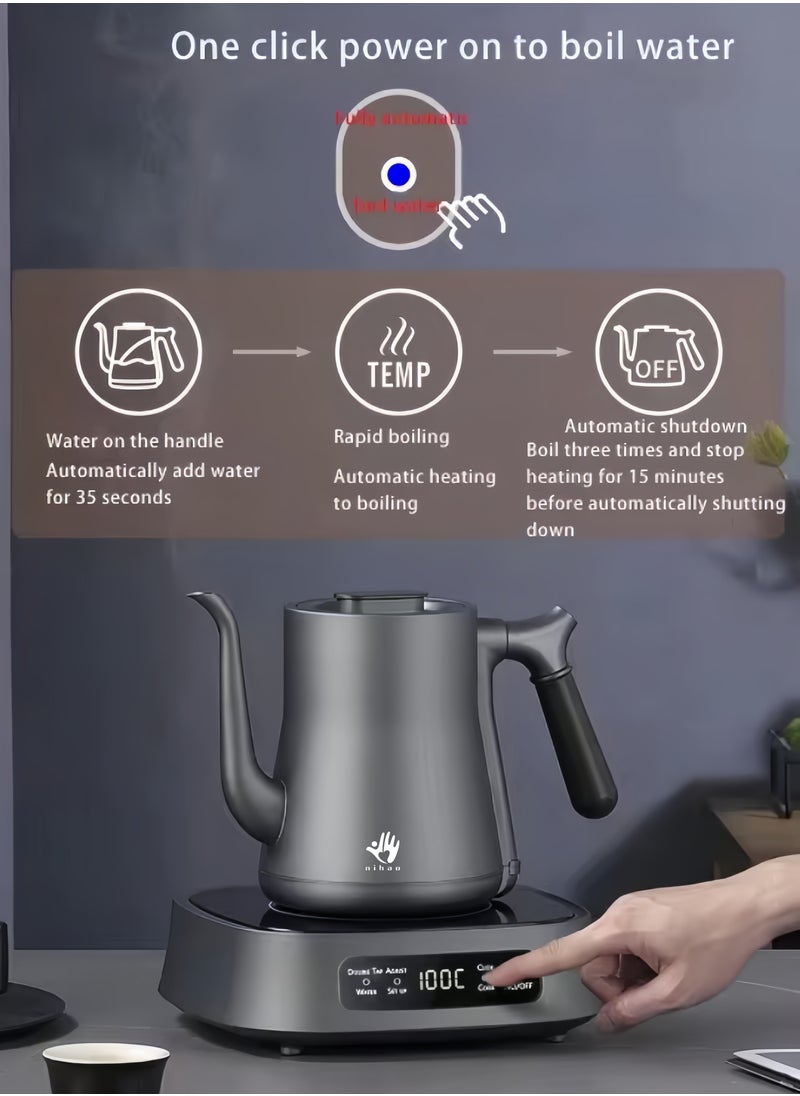 nihao - غلاية متعددة الوظائف برقبة بطة V60 ، غلاية قهوة ، تعبئة تلقائية للماء ، نظام ضاغط قاع أوتوماتيكي للغليان السريع ، إبريق قهوة وإبريق شاي ، 1000 مل ، 1350 واط التحكم في درجة الحرارة بعجلة عالية الطاقة مع شاشة رقمية LED لضبط درجة الحرارة والعزل التلقائي ، مادة فولاذ مقاوم للصدأ 304 ، مناسبة للاستخدام المنزلي والمكتبي - رمادي داكن - Image 1