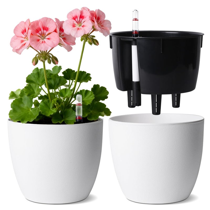 T4U Self Watering Pots for Indoor Plants, 7 Inch Self Watering Planters with Water Level Indicator, Bottom Watering African Violet Pots for Beginners & Busy Plant Owners, BPA-Free (2 Pack, White) - Image 1