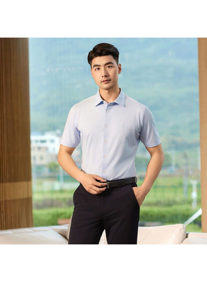 Ouding First-class High-stretch Shirt For Men, Ice Oxygen Blue Short Sleeve, Business Wrinkle-free Casual Summer Shirt, Ice Oxygen Blue Solid Color, Size 44 - Image 2