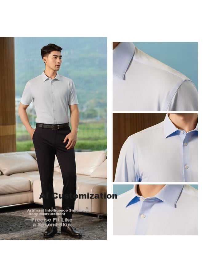 Ouding First-class High-stretch Shirt For Men, Ice Oxygen Blue Short Sleeve, Business Wrinkle-free Casual Summer Shirt, Ice Oxygen Blue Solid Color, Size 44 - Image 1