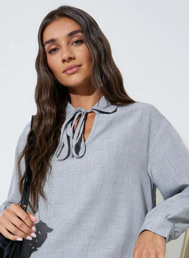 ستايلي Grey Solid Long Sleeves Tie-Neck Casual Blouse