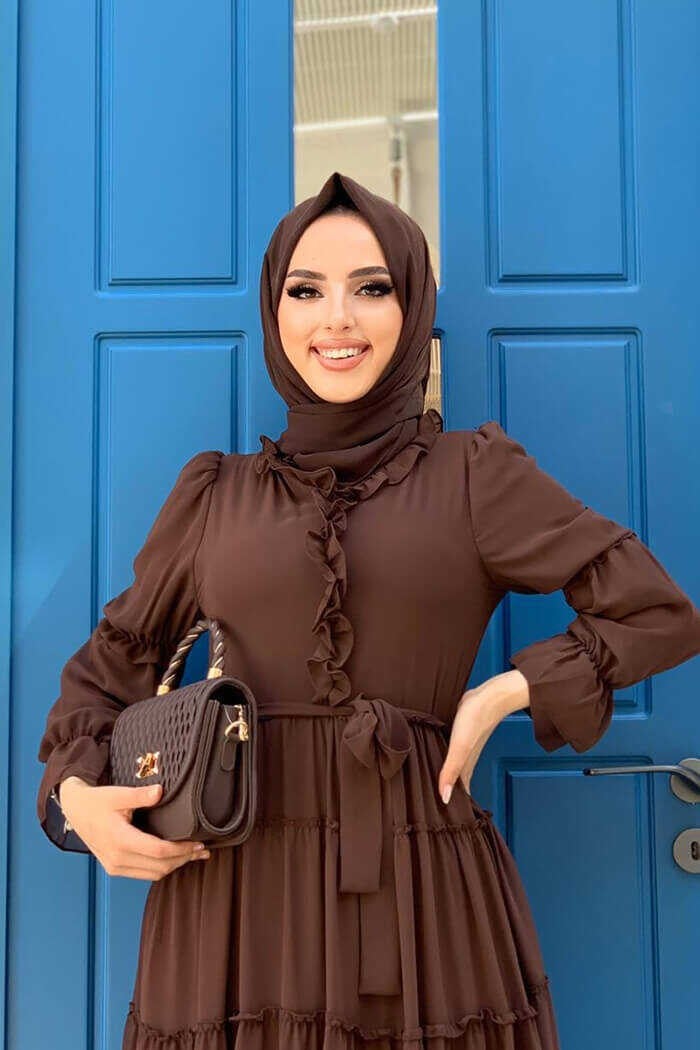 Bym Fashion Layered Look Waist Belted Ruffle Dress 3495 Brown - Image 4