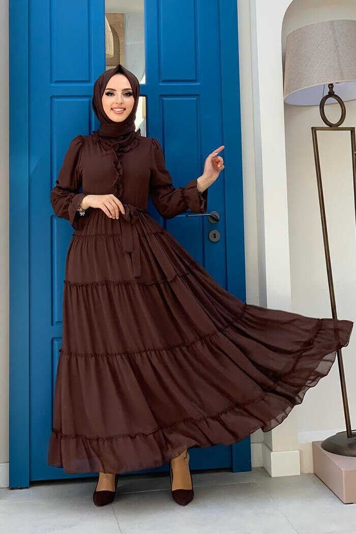 Bym Fashion Layered Look Waist Belted Ruffle Dress 3495 Brown - Image 1