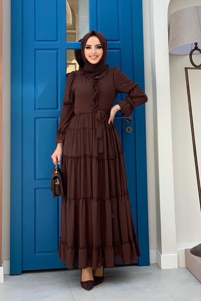 Bym Fashion Layered Look Waist Belted Ruffle Dress 3495 Brown - Image 2