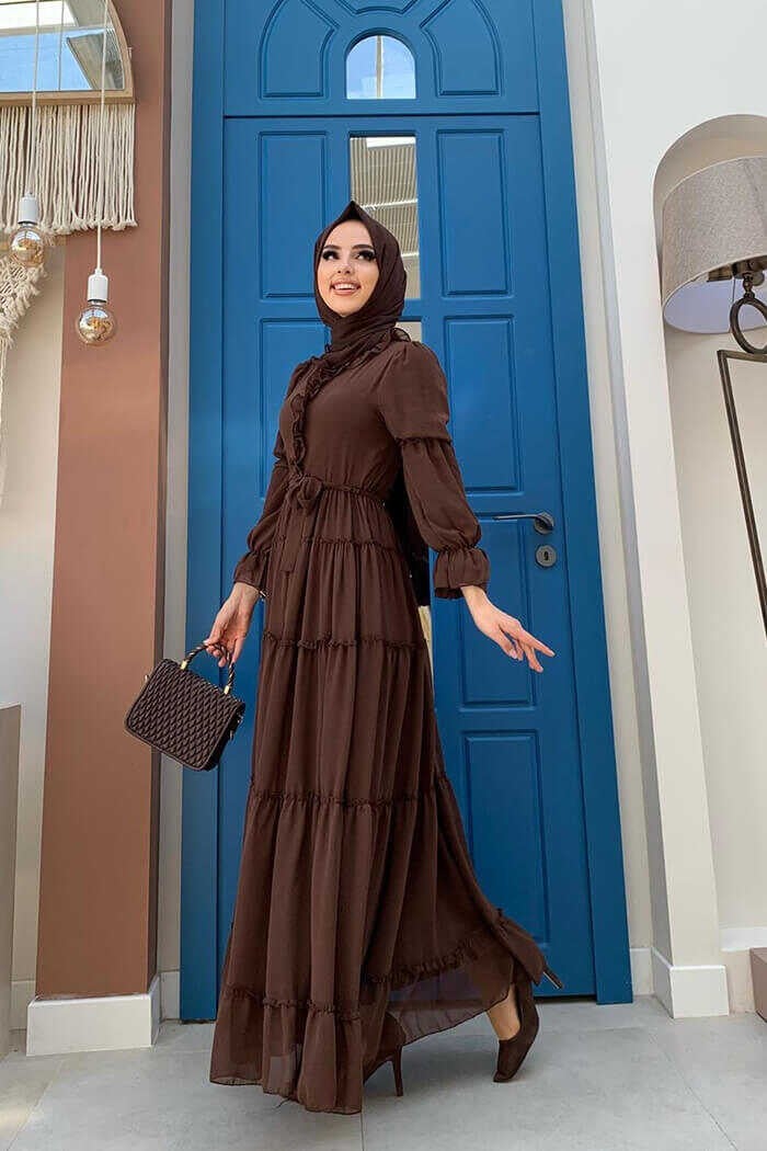 Bym Fashion Layered Look Waist Belted Ruffle Dress 3495 Brown - Image 3