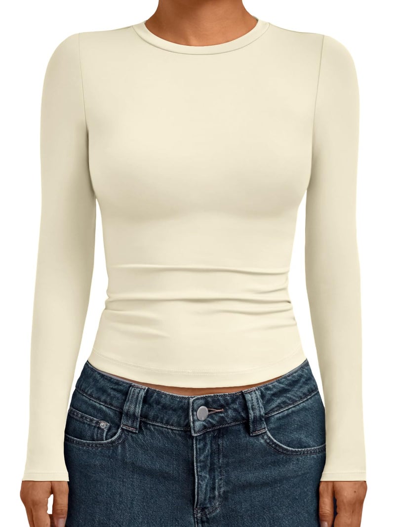 AUTOMET Womens Long Sleeve Shirts Basic Compression Going Out Crop Tops Fall Fashion Y2K Clothes 2025 Apricot L - Image 1
