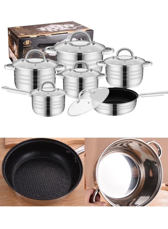Nonstick Cookware Pot Sets 6 Piece Casseroles Metal with Glass Lid Frying Pan and Soup Pot Set Stainless Steel Color - Image 1