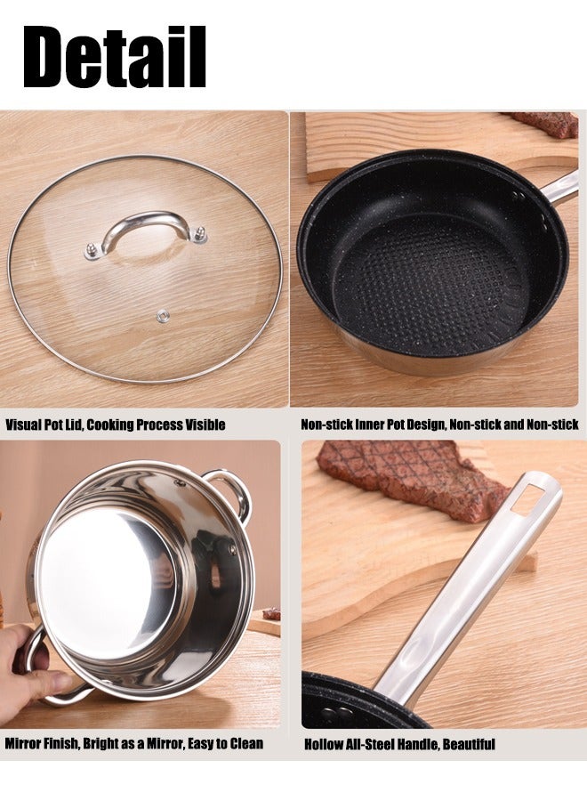 Nonstick Cookware Pot Sets 6 Piece Casseroles Metal with Glass Lid Frying Pan and Soup Pot Set Stainless Steel Color - Image 5