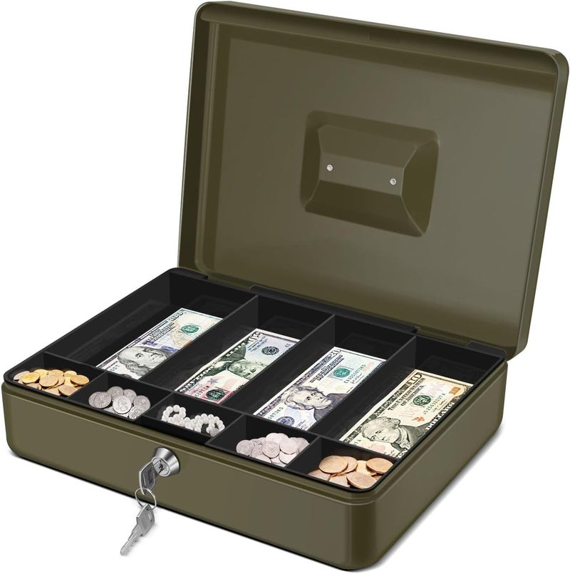 Flexzion Cash Box with Money Tray and Lock - Metal Cash Box for Small Businesses, 9-Compartment Green Money Box with Removable Tray and Key, Portable Storage for Checks and Coins - Image 1
