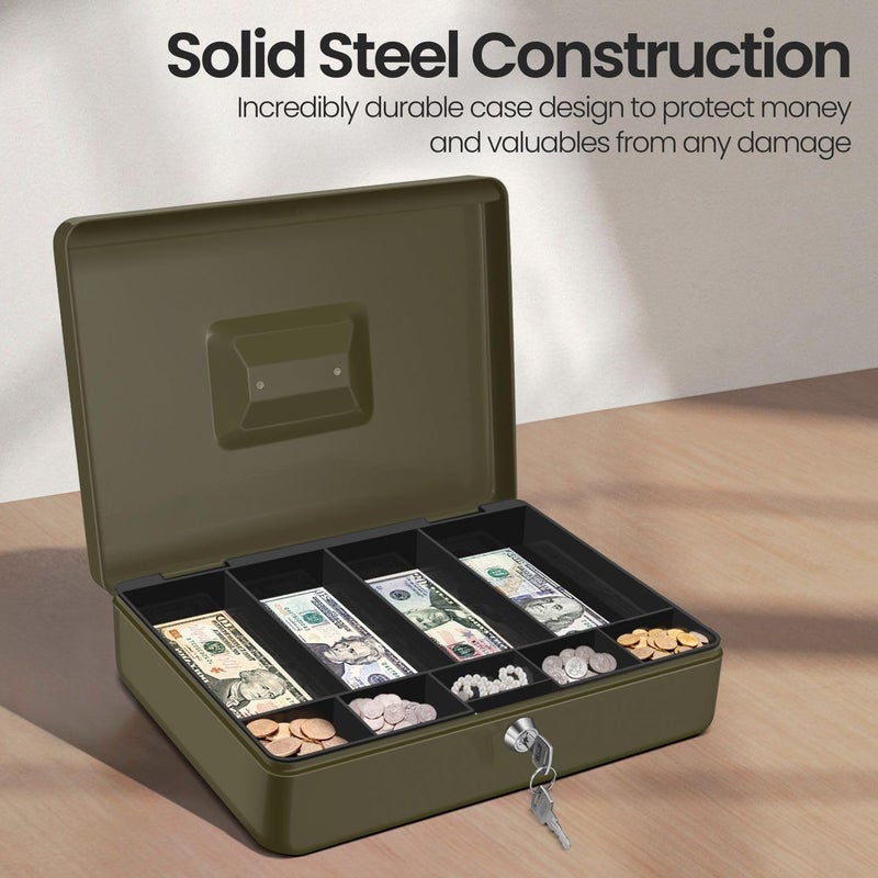 Flexzion Cash Box with Money Tray and Lock - Metal Cash Box for Small Businesses, 9-Compartment Green Money Box with Removable Tray and Key, Portable Storage for Checks and Coins - Image 4