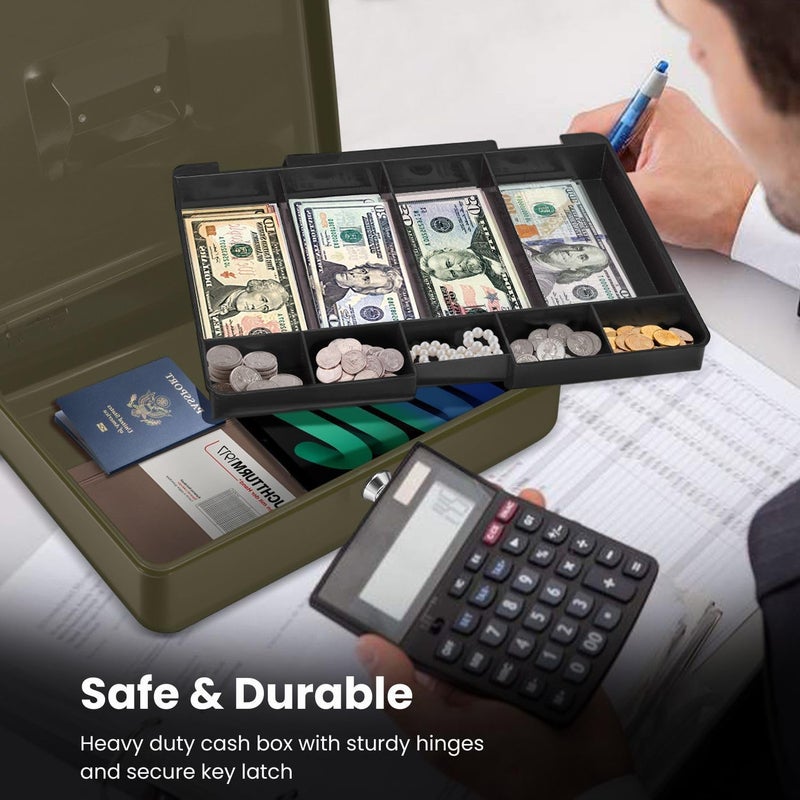 Flexzion Cash Box with Money Tray and Lock - Metal Cash Box for Small Businesses, 9-Compartment Green Money Box with Removable Tray and Key, Portable Storage for Checks and Coins - Image 5