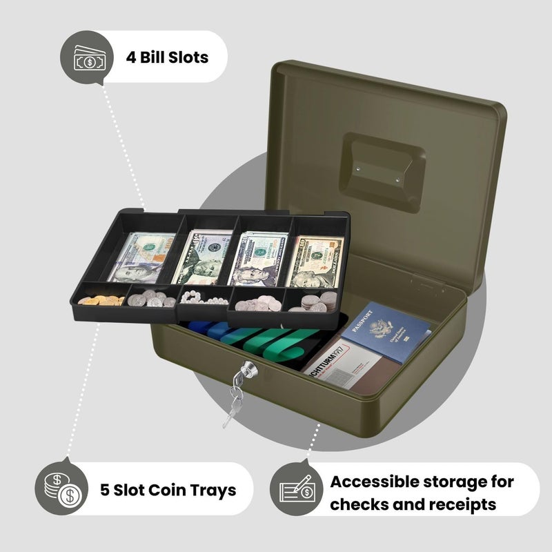 Flexzion Cash Box with Money Tray and Lock - Metal Cash Box for Small Businesses, 9-Compartment Green Money Box with Removable Tray and Key, Portable Storage for Checks and Coins - Image 3
