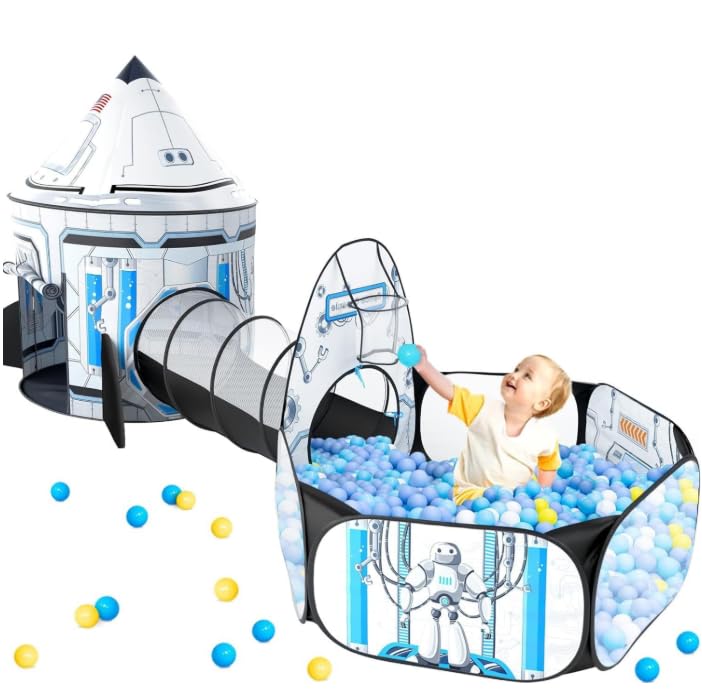 GeerWest Kids Ball Pit for Play Tent 3PC Rocket Ship Baby Gifts Spaceship Tents and Crawl Tunnel for Toddlers Astronaut Pop Up Playhouse Toys for Indoor Outdoor Games White - Image 1