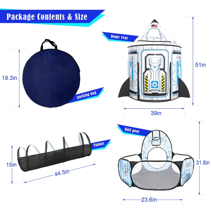 GeerWest Kids Ball Pit for Play Tent 3PC Rocket Ship Baby Gifts Spaceship Tents and Crawl Tunnel for Toddlers Astronaut Pop Up Playhouse Toys for Indoor Outdoor Games White - Image 5