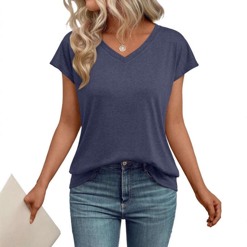 2025 Spring And Clothing Pure Color V Neck Short-Sleeved T-Shirt Loose Casual Export Top - Image 3