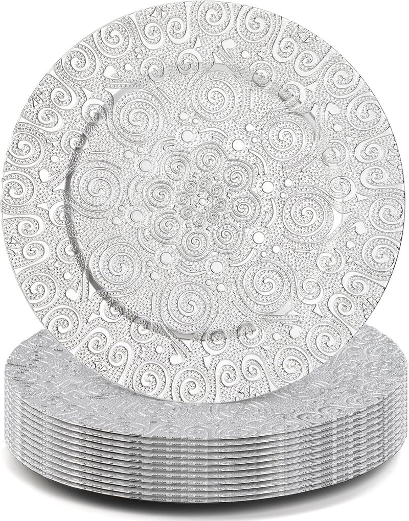 SOUJOY 12 Pack Charger Plates 13 Inch Silver Plastic Charger Plate Round Phoenix Pattern Elegant Serve Ware Plates for Weddings Parties Anniversary Thanksgiving - Image 1