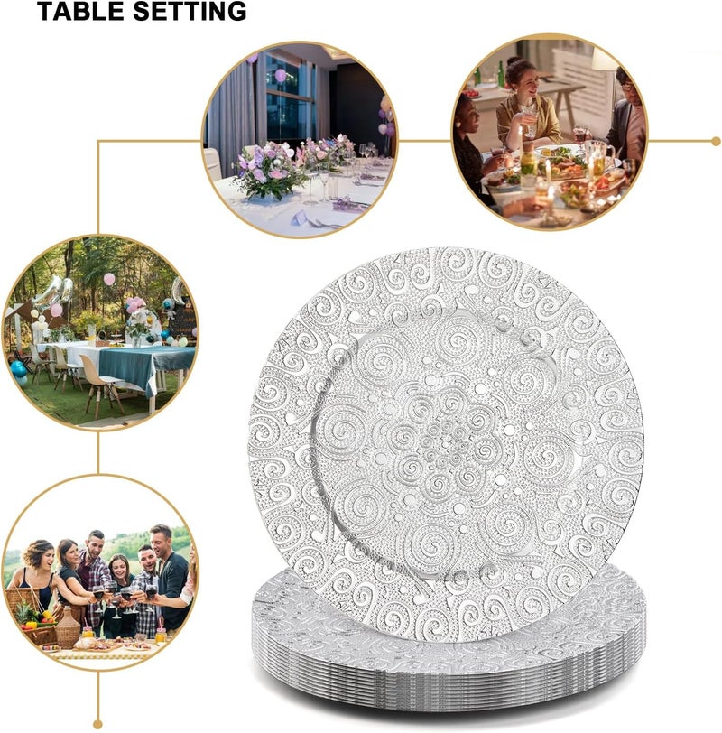 SOUJOY 12 Pack Charger Plates 13 Inch Silver Plastic Charger Plate Round Phoenix Pattern Elegant Serve Ware Plates for Weddings Parties Anniversary Thanksgiving - Image 5