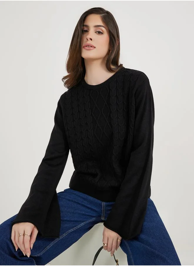 ستايلي Regular Fit Cable Knit Bell Sleeve Sweaters