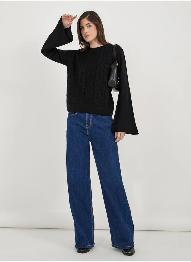 Styli Regular Fit Cable Knit Bell Sleeve Sweaters