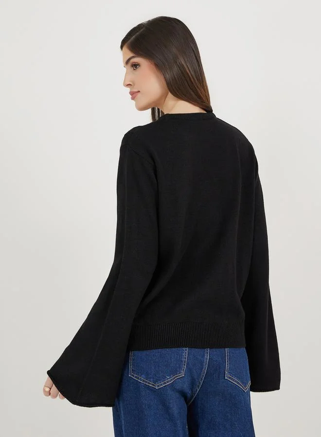 ستايلي Regular Fit Cable Knit Bell Sleeve Sweaters