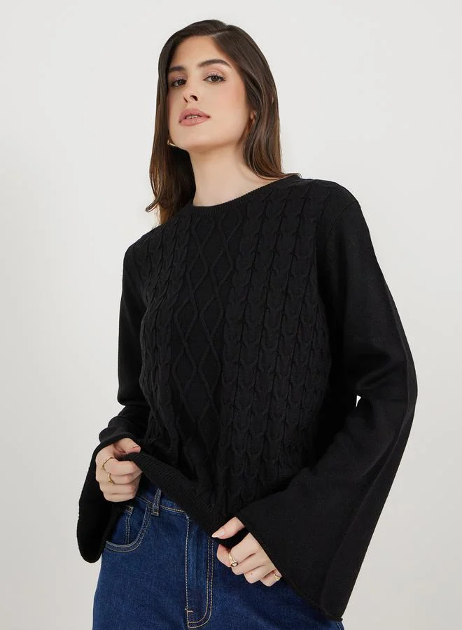 ستايلي Regular Fit Cable Knit Bell Sleeve Sweaters