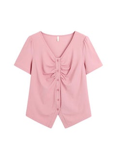 Large Size Women's Clothing Chubby Sweet And Spicy Style Slim Shoulder Short-sleeved T-shirt V-neck Irregular Design Slim-fit Top 62402