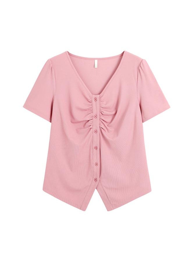 Generic - Large Size Women's Clothing Chubby Sweet And Spicy Style Slim Shoulder Short-sleeved T-shirt V-neck Irregular Design Slim-fit Top 62402 - Image 1