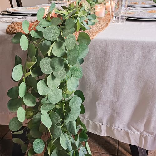 CQURE 24 Pack Eucalyptus Garland, Artificial Greenery Garland Faux Eucalyptus Leaves Table Vines for Wedding Backdrop Fireplace Arch Door Wall Room Decor（168FT） - Image 3