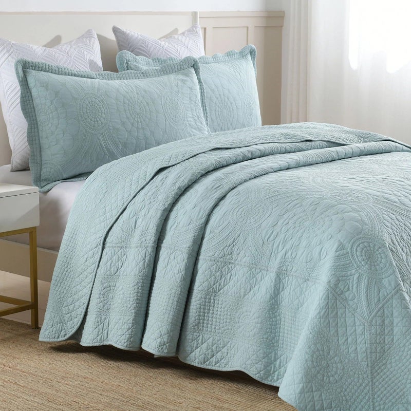 MarCielo 100% Cotton Quilt Set - 3-Piece Embroidered Farmhouse Bedspread & Shams, All-Season Breathable Bedding (Tf Aruba Blue, Queen) - Image 3