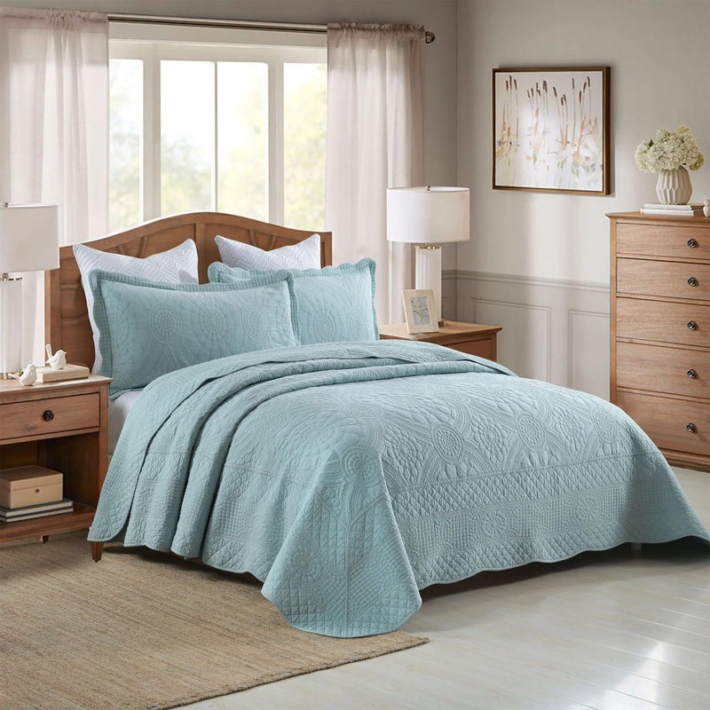 MarCielo 100% Cotton Quilt Set - 3-Piece Embroidered Farmhouse Bedspread & Shams, All-Season Breathable Bedding (Tf Aruba Blue, Queen) - Image 2